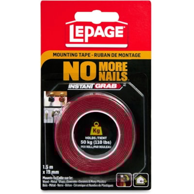 LePage No More Nails Mounting Tape - 4.9 ft (1.5 m) Length x 0.75" (19.1 mm) Width - 1 Each DOUBLE SIDED 0.75X60IN INDOOR AND OUTDOOR USE