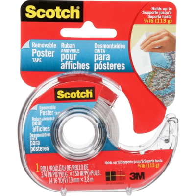 Scotch Removable Poster Tape - 12.5 ft (3.8 m) Length x 0.75" (19.1 mm) Width - Clear - Dispenser Included - 1 Each TAPE WITH DISPENSER  3/4"X150" ROLL IN CLEAR DISPENSER