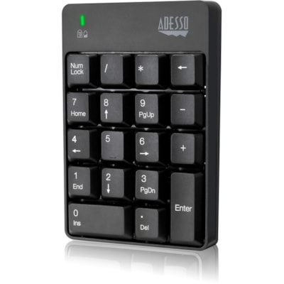 Adesso Wireless Spill Resistant 18-Key Numeric Keypad - Wireless Connectivity - RF - 30 ft (9144 mm) - 2.40 GHz - USB Interface - 18 Key(s) - Windows 10, Windows 8, Windows 7 - English (US) - Computer - PC - Membrane Keyswitch - AAA Battery Size Supported - Black t 18-Key Numeric Keypad 