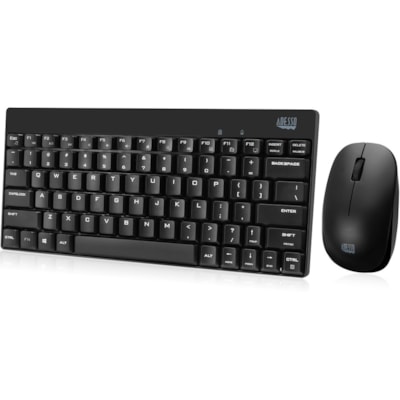Adesso WKB-1100CB - Wireless Spill Resistant Mini Keyboard & Mouse Combo - USB Membrane Wireless RF Keyboard - 79 Key - English (US) - Black - USB Wireless RF Mouse - Optical - 1200 dpi - Scroll Wheel - QWERTY - Black - Multimedia Hot Key(s) - Right-handed - AA - Compatible with Windows & mouse combo 