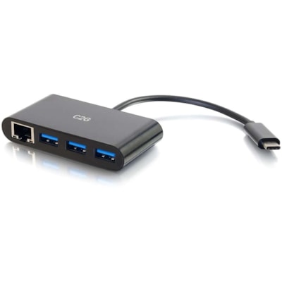 C2G USB C Ethernet and 3 Port USB Hub - Black - USB Type C - External - 3 USB Port(s) - 1 Network (RJ-45) Port(s) - 3 USB 3.0 Port(s) (3) USB-A Female  (1) RJ-45 Fe male - Small form fa