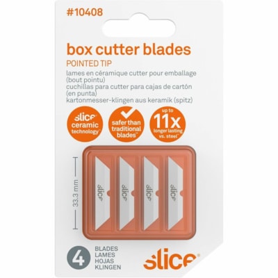 Slice Pointed Tip Ceramic Cutter Blades - 1.30" (33.02 mm) Length - Pointed Tip, Rust Resistant, Dual-sided, Non-magnetic, Non-conductive, Reversible, Non-sparking - Zirconium Oxide - White - 4 / Pack 4 BLADES/PACK SLICE REPLACEMENT BLADES