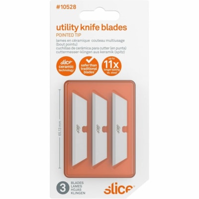 Slice Pointed Tip Ceramic Utility Blades - 2.60" (66.04 mm) Length - Pointed Tip, Non-conductive, Non-magnetic, Reversible, Retractable, Rust Resistant, Non-sparking - Zirconium Oxide - White - 3 / Pack COMPATIBLE W/2110550&2110554 