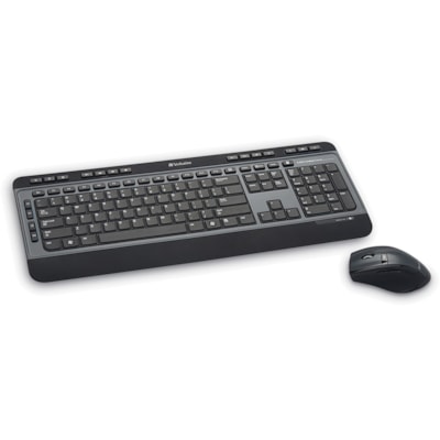 Verbatim Wireless Multimedia Keyboard and 6-Button Mouse Combo - Black - USB Type A Wireless RF - Black - USB Type A Wireless RF - Optical - Scroll Wheel - Black - Multimedia Hot Key(s) - AA, AAA - Compatible with Windows, Mac OS, Linux - 1 Each MULTIMEDIA KYBD/6 BTN MOUSE 2.4GHZ - BLACK