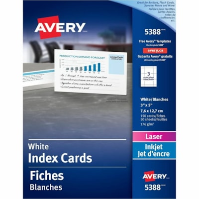 Avery® - Cartes index pour imprimantes laser et à jet d'encre, 3" x 5" - 97 Luminosité - 3 po (76,20 mm) x 5 po (127 mm) - 65 lb (29483,50 g) Poids de Base - 176 g/m² Grammage - Imprimable, Sans bourrage, Anti-bavure, Microperforé - Blanc - 150 / boîte 3 FICHES/FEUILLE 150CARTES/BTE 