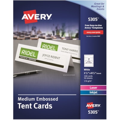 Avery® Medium Tent Cards - 97 Brightness - 2 1/2" (63.50 mm) x 8 1/2" (215.90 mm) - 65 lb (29483.50 g) Basis Weight - 176 g/m² Grammage - Embossed, Printable, Micro Perforated, Jam-free, Smudge-free, Heavyweight - White EMBOSSED CARD STOCK MED. SIZE 