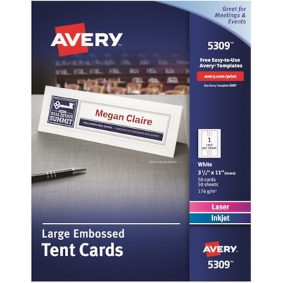 Avery® Printable Large Tent Cards, Embossed, Two-Sided Printing, 3-1/2" x 11" , 50 Cards - 97 Brightness - 3 1/2" (88.90 mm) x 11" (279.40 mm) - 65 lb (29483.50 g) Basis Weight - 176 g/m² Grammage - Embossed, Printable, Micro Perforated, Jam-free, Smudge-free, Double-sided, Heavyweight - Wh EMBOSSED CARD STOCK LARGE SIZE 1 CARD/SHEET AVERY 50/BX