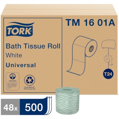 TORK - Papier toilette TM1601A - 2 Pli - largeur de 4,20 po (106,68 mm) x longueur de 156,25 pi (47,63 m) - 500 Feuilles/Rouleau - diamètre du rouleau 4,40 po (111,76 mm) - 1,70 po (43,18 mm) Matériau - Blanc - Papier - 48 / Carton  SERV  UNIVERSELLES TRK  UNIVE RSAL  2  COUCHES  50