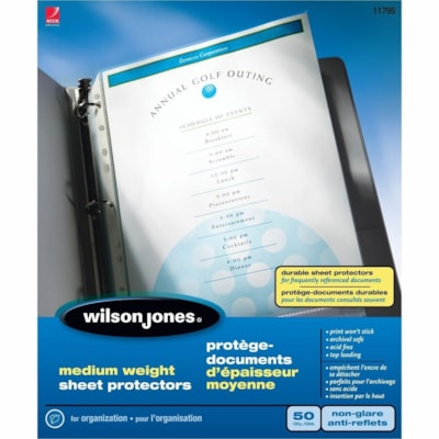 Wilson Jones - Protecteur de feuille 5050511795 - épaisseur de 2,4 mil (0,06 mm) - Feuille Capacité - Pour format lettre 8 1/2 po (215,90 mm) x 11 po (279,40 mm) Feuilles - 11 xsTrous - Reliure à anneaux - Chargement par le dessus - Polypropylène - 50 / boîte EPAISSEUR MOYENNE  50/BOITE 