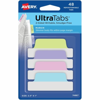 Avery® - Onglet dossier Ultra Tabs - 48 Onglet(s) - hauteur de l'onglet 1 po (25,40 mm) x largeur de l'onglet 2,50 po (63,50 mm) - Tab clair Film, Bleu pastel Papier, Rose pastel, Violet Pastel, Vert pastel - 48 / emballage PK/48  TWO SIDED  WRITABLE 