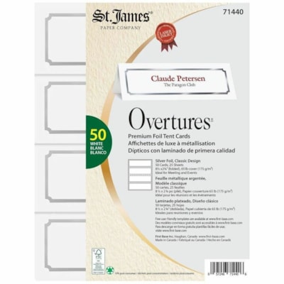 St. James® Overtures Traditional Embossing Tent Cards - 2 3/4" (69.85 mm) x 8 1/2" (215.90 mm) - 65 lb (29483.50 g) Basis Weight - 174 g/m² Grammage - Green Seal - Printable, Micro Perforated, Foldable - White, Silver - 25 Sheets - 50 Pack  ST. JAMES OVERTURES  50PK 10%PCW  FSC