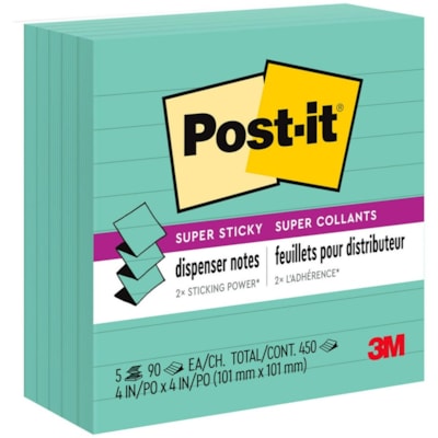 Post-it® - Recharges de feuillets adhésifs lignés super collants - largeur de drapeau/note 4 po (101,60 mm) x longueur de drapeau/note 4 po (101,60 mm) - Carré - 90 Feuilles par bloc - Bleu - Collant - 5 / emballage R440-WASS 4 IN X 4 IN
