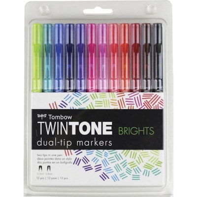 Tombow - Jeu de marqueurs double pointe Brights TwinTone, 12/emb. - 0,8 mm (0,03 po) Extra fine Ogive, 0,3 mm (0,01 po) Pointe de marqueur - Encre à base d'eau - 12 / emballage TOMBOW 