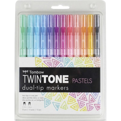 Tombow - Jeu de marqueurs double pointe Pastels TwinTone, 12/emb. - 0,8 mm (0,03 po) Extra fine Ogive, 0,3 mm (0,01 po) Pointe de marqueur - Encre à base d'eau - 12 / emballage TOMBOW 
