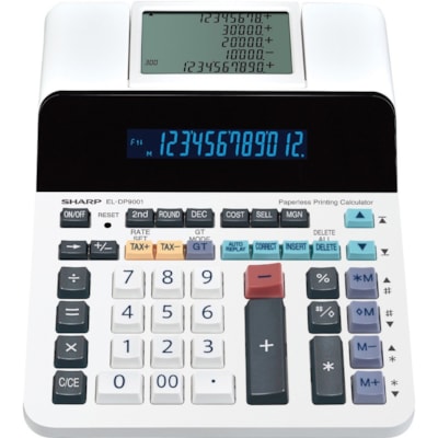 Sharp ELDP9001 Paperless Printing Calculator - Dual Power - 12 Digits - LCD - AC/DC Supply Powered - 2.6" (66.04 mm) Height x 7.6" (193.04 mm) Width x 10" (254 mm) Depth - White - Desktop - 1 Each 12 DIGIT PRINTING CALC LAYOUT COST/SELL/MAR & AC ADAPTR INCL