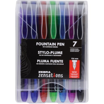 Zebra Fountain Pen - 0.6 mm (0.02") Fine Pen Point - Black, Blue, Red, Teal, Purple, Turquoise, Pink Ink - Stainless Steel Tip - 7 / Pack SMOOTH WATER-BASED DYE INK STAINLESS STEEL NIB