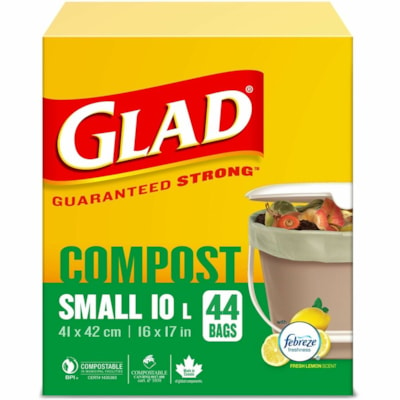 Glad 100% Compostable Bags - Small 10 Litres - Lemon scent, 44 Compost Bags - Small Size - 2.64 gal (10000 mL) Capacity - 16" (406.40 mm) Width x 17" (431.80 mm) Length - White - Waste Disposal, Kitchen - 44 / Box 44/BX  16.3" X 16.5" BIO-DEGRADABLE  ODOUR GUARD