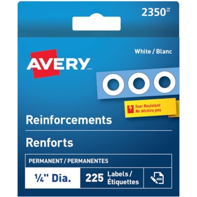 Avery® White Reinforcement Labels, 1/4" Diameter, 225/pk - 0.25" (6.35 mm) Diameter - Round - Mylar - 225 / Pack 1/4" ROUND 225/BX WHT PACKAGED IN DISPENSER