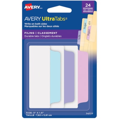 Avery® - Onglet dossier Ultra Tabs - 24 Inscriptibe Onglet(s) - 24 Onglet(s)/Ensemble - hauteur de l'onglet 3 po (76,20 mm) x largeur de l'onglet 1,50 po (38,10 mm) - Tab Rose pastel Plastique, Bleu pastel, Violet Pastel - 24 / emballage PK/24  2 SIDED WRITABLE FILING 