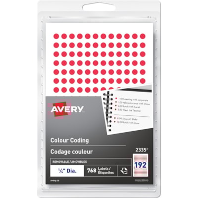 Avery® Removable Colour Coding LabelsHandwrite, 1/4" , Red - 1/4" (6.35 mm) Diameter - Removable Adhesive - Round - Laser, Inkjet - Red - 192 / Sheet - 4 Total Sheets - 768 / Pack 1/4" ROUND RED