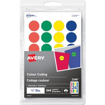 Avery® Removable Colour Coding Labelsfor Laser and Inkjet Printers, 3/4" - 3/4" (19.05 mm) Diameter - Removable Adhesive - Round - Laser, Inkjet - Red, Blue, Green, Yellow - 24 / Sheet - 10 Total Sheets - 240 / Pack 3/4" ASSORTED COLOURS