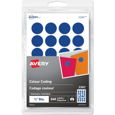 Avery® Removable Colour Coding Labelsfor Laser and Inkjet Printers, 3/4" , Blue - 3/4" (19.05 mm) Diameter - Removable Adhesive - Round - Laser, Inkjet - Blue - 24 / Sheet - 10 Total Sheets - 240 / Pack 3/4" ROUND 240/PK  BLUE LASER/INKJET