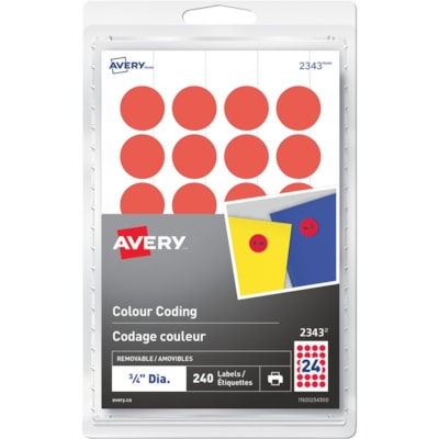 Avery® - Étiquettes de codage couleur autoadhésives - diamètre de 3/4 po (19,05 mm) - Amovible Adhésif - Rond - Laser, Jet d'encre - Rouge - 24 / Feuille - 10 Total de feuilles - 240 / emballage  "  ROUND 240/PK RED LASER/INKJET