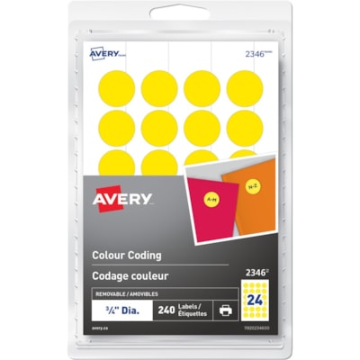 Avery® Removable Colour Coding Labelsfor Laser and Inkjet Printers, 3/4" , Yellow - 3/4" (19.05 mm) Diameter - Removable Adhesive - Round - Laser, Inkjet - Yellow - 24 / Sheet - 10 Total Sheets - 240 Total Label(s) - 240 / Pack 3/4" ROUND 240/PK YELLOW LASER/INKJET
