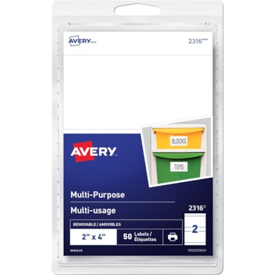 Avery® Multi-Purpose Removable Labelsfor laser and inkjet printers, 2" x 4" - 4" (101.60 mm) Height x 2" (50.80 mm) Width - Removable Adhesive - Rectangle - Inkjet, Laser - White - 2 / Sheet - 25 Total Sheets - 50 / Pack 2" X 4" RECTANGLE 50/PK WHT LASER/INKJET