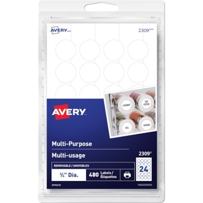 Avery® Multi-Purpose Removable Labelsfor laser and inkjet printers, 3/4" - 3/4" (19.05 mm) Diameter - Removable Adhesive - Round - Laser, Inkjet - White - 24 / Sheet - 20 Total Sheets - 480 / Pack 3/4" WHITE