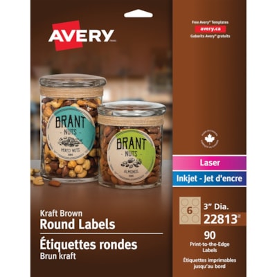 Avery® Kraft Round Labels - 3" (76.20 mm) Diameter - Permanent Adhesive - Round - Laser, Inkjet - Kraft Brown - 6 / Sheet - 15 Total Sheets - 90 / Pack 3" ROUND 90/PK KRAFT BROWN LASER/INKJET