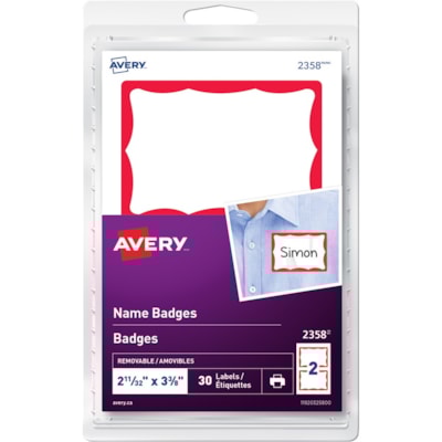 Avery® Name Badge Labelsfor Laser or Inkjet Printers, 2 11/32" x 3-3/8" , Red Border - 2 11/32" (59.44 mm) Height x 3 3/8" (85.73 mm) Width - Removable Adhesive - Rectangle - Laser, Inkjet - 2 / Sheet - 15 Total Sheets - 30 / Pack 211/32"X3 3/8" 30/PK RED BRDER HANDWRITE
