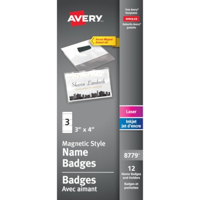 Kit de badge nominatif Avery® - 12 / emballage LASER/JET D'ENCRE  3PO X 4PO 12 BADGES/BOX