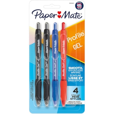Paper Mate Profile Gel Pen - 0.7 mm (0.03") Medium Pen Point - Retractable - Black, Blue, Red, Assorted Ink - Gel-based - Assorted Barrel - 4 / Pack  
