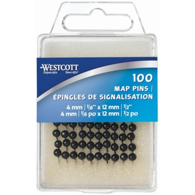 Westcott Map Pins - Black - 0.16" (4 mm) Head - for Maps - Black - 100 / Box BLACK  100/BX 