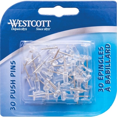 Westcott Push Pins - Clear - for Maps, Pictures, Notes, Wall, Corkboard, Bulletin Board - Clear - 30 / Box CLEAR  30/CARD 