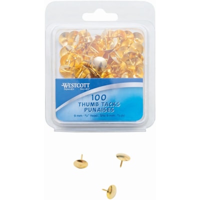 Westcott Brass Thumb Tacks (3/8" dia.), 100/clamshell - 0.38" (9.53 mm) Head - for Memo, Pictures - Smooth - Brass - 100 / Box BRASS  100/CLAMSHELL 