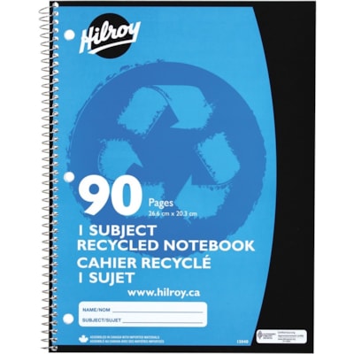 Hilroy Recycled Notebook - 45 Sheets - 90 Pages - Ruled Margin - 10 1/2" (266.70 mm) x 8" (203.20 mm) Sheet Size - Spiral Bound - Recycled - 1 Each 10.5 X 8   90 PAGES 