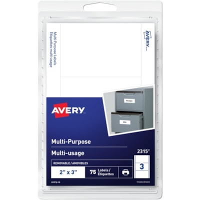 Avery® Multi-Purpose Removable Labelsfor Laser and Inkjet Printers, 2" x 3" - 2" (50.80 mm) Width x 3" (76.20 mm) Length - Removable Adhesive - Rectangle - Inkjet, Laser - White - 3 / Sheet - 25 Total Sheets - 75 Total Label(s) - 75 / Pack 2" X 3" RECTANGLE 75/PK WHT LASER/INKJET