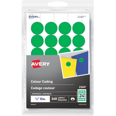Avery® Removable Colour Coding Labelsfor Laser and Inkjet Printers, 3/4" , Green - - HeightRemovable Adhesive - Round - Laser, Inkjet - Green - 24 / Sheet - 10 Total Sheets - 240 Total Label(s) - 240 / Pack ROUND PK OF 240 
