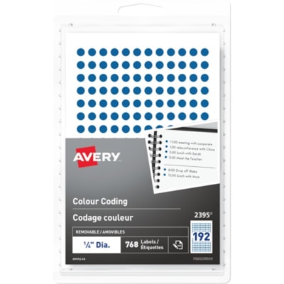 Avery® - Étiquettes de codage couleur amovibles, écriture manuscrite, ¼" - diamètre de 1/4 po (6,35 mm) - Amovible Adhésif - Rond - Bleu - 192 / Feuille - 4 Total de feuilles - 768 Total d'étiquette(s) - 768 / emballage 1/4" ROUND BLUE