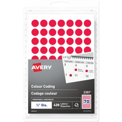 Avery® Removable Colour Coding LabelsHandwrite, 1/2" , Red - 1/2" (12.70 mm) Diameter - Removable Adhesive - Round - Red - 70 / Sheet - 6 Total Sheets - 420 Total Label(s) - 420 / Pack HANDWRITE   " RED  PACK OF 420