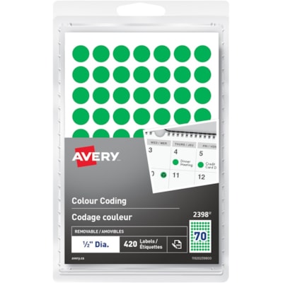 Avery® - Étiquettes de codage couleur amovibles, écriture manuscrite, ½" , vertes - diamètre de 1/2 po (12,70 mm) - Amovible Adhésif - Rond - Vert - Papier - 768 / emballage HANDWRITE   " GREEN  PACK OF 420