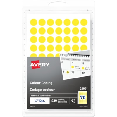 Avery® Removable Colour Coding LabelsHandwrite, 1/2" , Yellow - 1/2" (12.70 mm) Diameter - Removable Adhesive - Round - Yellow - 70 / Sheet - 6 Total Sheets - 420 Total Label(s) - 768 / Pack HANDWRITE   " YELLOW  PACK OF 420