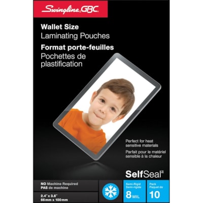 Swingline GBC SelfSeal Self Adhesive Wallet Size Laminating Pouches 2-3/8" x 3-7/8" - Sheet Size Supported: Wallet-size 2.50" (63.50 mm) Width x 3.50" (88.90 mm) Length - Glossy - for Photo - Self-adhesive, Easy Peel, Self-sealing, Heat Resistant - Clear - 10 / Pack COLD LAMINATE 2 5/8"X3 15/16" 10/PK