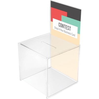 Deflecto 66001 Suggestion/Coin Box with 203mm x 375mm Sign Holder - External Dimensions: 8.4" (213 mm) Width x 15.4" (391 mm) Depth x 8.4" (214 mm) Height - Polymethyl Methacrylate (PMMA) - For Ticket, Form, Business Card, Coin - 1 Each BOX  CLEAR PLASTIC WITH LARGE SIGN HOLDER SLIDE OUT BACK PNL