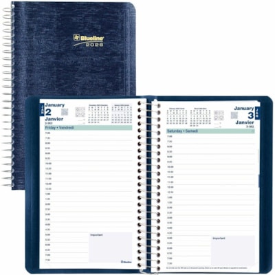 Blueline 2026 Essential 12-Month Daily Planner - January to December - 8" x 5" - Navy Blue - Bilingual - Daily - 12 Month - January 2026 to December 2026 - 7:00 AM to 7:30 PM - Half-hourly - 1 Day Single Page Layout - 5" (127 mm) x 8" (203.20 mm) Sheet Size - Spiral Bound - Blue - Paper - 8" (203 mm  