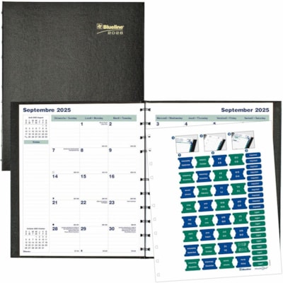 Blueline 2026 MiracleBind CoilPro 16-Month Monthly Planner - September to December - 11" x 9-1/16" - Black - Bilingual - 16 Month - September 2025 to December 2026 - 1 Month Double Page Layout - 9 1/16" (230.12 mm) x 11" (279.40 mm) Sheet Size - Twin Wire - Black - Paper - Note Page, Repositionable,  