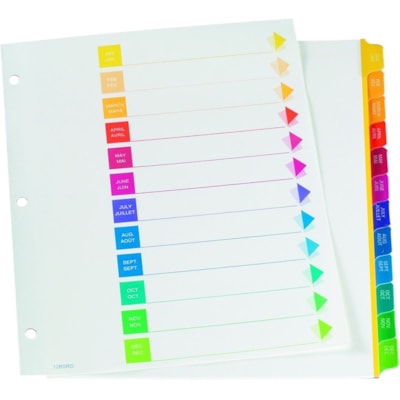 Oxford Super Rapidex Colour Coded Tab Dividers - Jan-Dec, Letter-Size, Assorted, 12/ST - 12 x Divider(s) - Printed Right Tab(s) - 1/12 - Month - Jan-Dec, Table of Contents - 12 Tab(s)/Set - 9" (228.60 mm) Divider Width x 11" (279.40 mm) Divider Length - Letter - 3 Hole Punched - Assorted Plastic Tab JAN-DEC COLOUR PRINTED TABS 3HOLE PUNCHD 10% PCW SFI CERT.