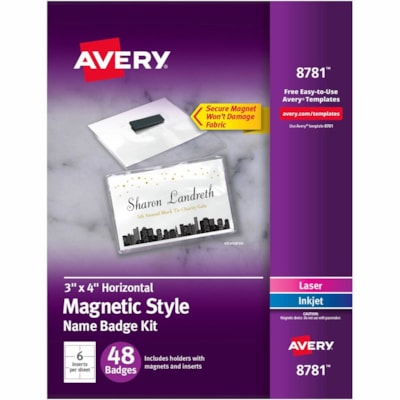 Avery® - Badges Pour imprimantes à laser ou jet d'encre, 4" x 3" - 3 po (76,20 mm) x 4 po (101,60 mm) - Souple, Réutilisable, Résistants, Magnétique - Blanc - 48 / boîte LASER/JET D'ENCRE  3PO X 4PO 48 BADGES/BOX